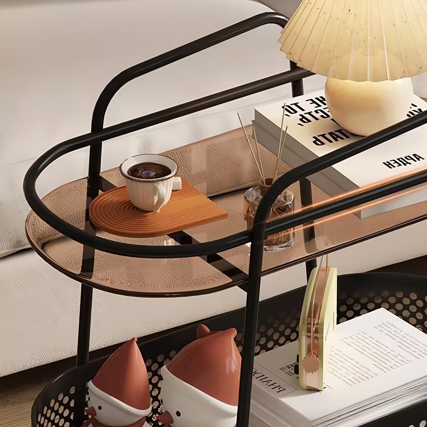 2-Tier Bar Carts with Storage Basket, Modern Rolling Storage Shelves with Wheels and Glass Holder, Metal Round Mobile Bar Serving Cart for Home, Bistro, Kitchen, Living Room, Dining Room (Black)