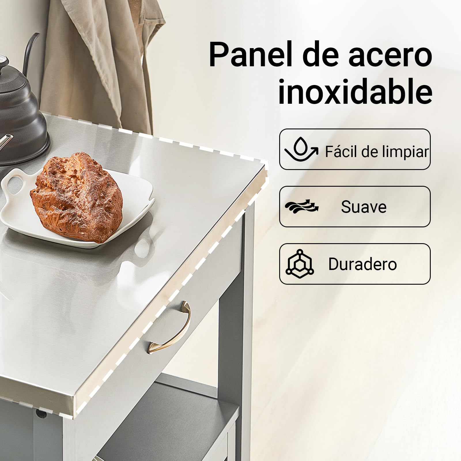 SoBuy Carrito Cocina con Ruedas, encimera INOX & 4 Ruedas, 60x92x44cm | Mueble Auxiliar con cajón, estante abierto & armario de 2 puertas, compacto, MDF, cocina & exterior & dormitorio, FKW22-HG