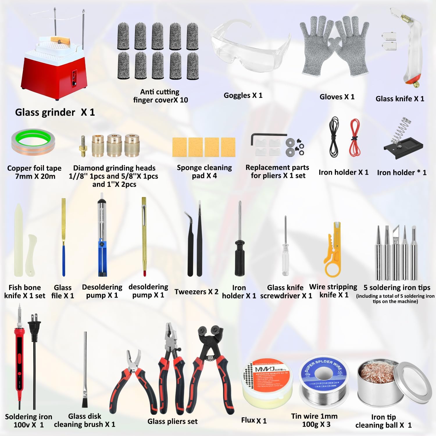 Stained Glass Kit for Adults Complete Stained Glass Supplies with 100W Soldering Iron Glass Cutter Tool Kit Stained Glass Grinder 65W Red Includes 5/8 inch and 2 pcs 1 inch 1/8 inch Diamond Grind Bit