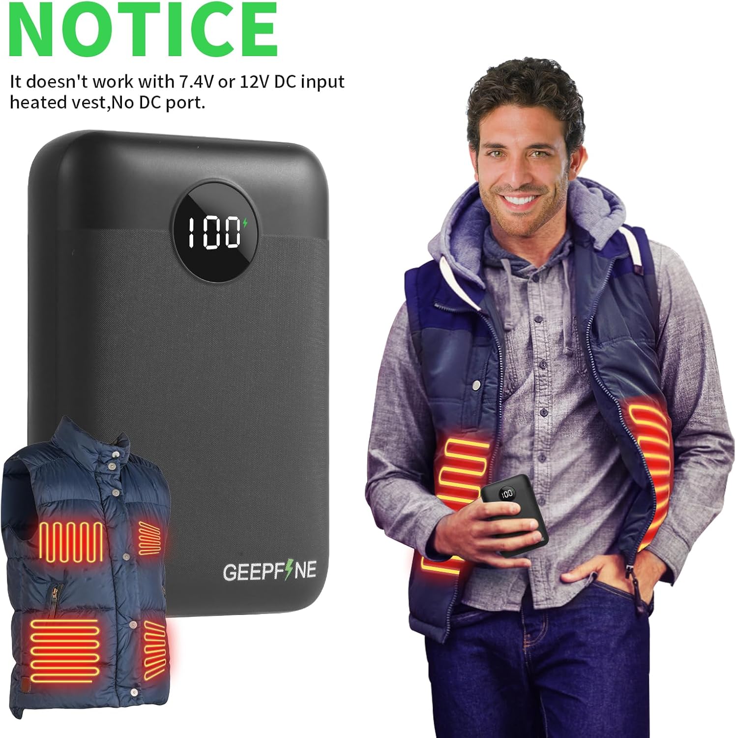 Mini 5V 2A Battery Pack for Heated Vest,10000mah Lightweight Power Bank for Heated Seat,Heated Blanket,Heated Clothing,2 in 1 Function Battery Pack for Heated Vest and Phones. - Image 2