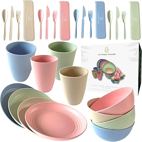 Juego de vajilla de paja de trigo irrompible (28 piezas) – Juego de platos the Simply Avocado para 4 – Juego de vajilla para niños – Platos de