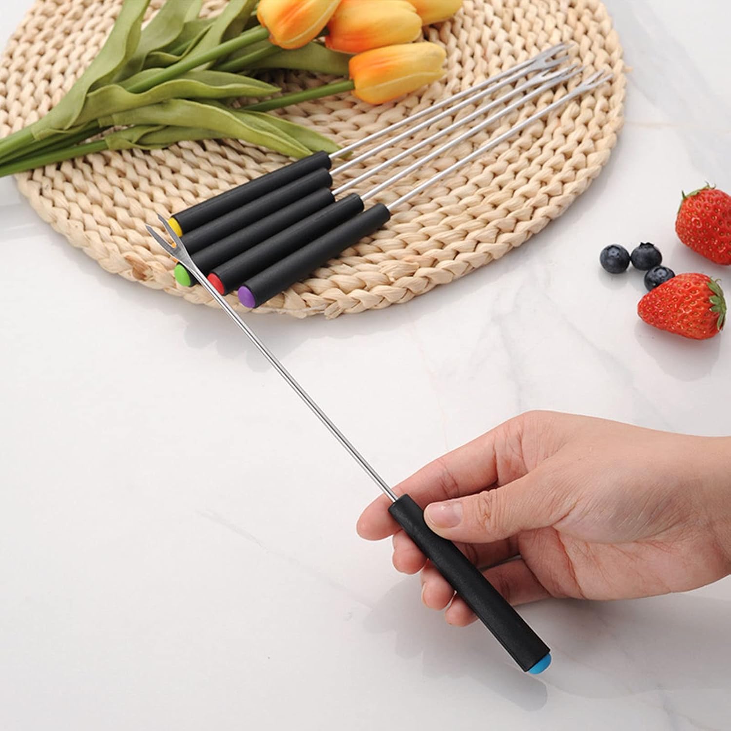 6Pcs Stainless Steel Fondue Forks, 9.1in Fondue Sticks with Heatproof Color Handle, Fondue Skewers for Grill, Cake, Chocolate, Meat, Fruits, Cheese, Marshmallows, Roast