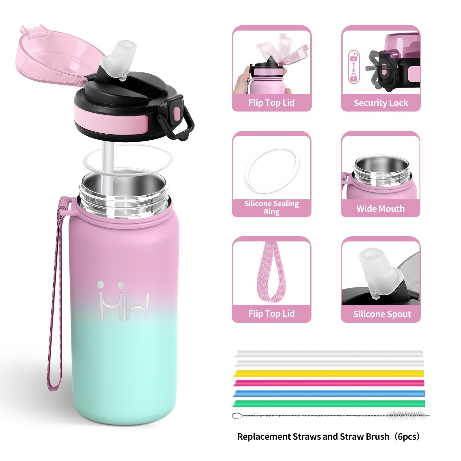 Borraccia Termica 500ml, Borraccia acciaio Inox con Cannuccia, a Prova di Perdite, Borracce Termiche senza BPA, Riutilizzabile, Water Bottle per Ragazzi, Ragazze, Campeggio, Scuola, Ufficio, Sport - 2