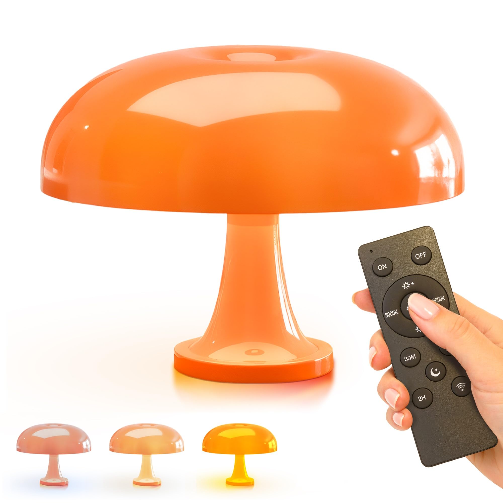 Kabellose LED Nachttischlampe Pilz Design Vintage Space Age Tischleuchte Orange mit Fernbedienung, USB wiederaufladbarer Akku, 3 Farben Touchdimmer, moderne Stimmungsbeleuchtung