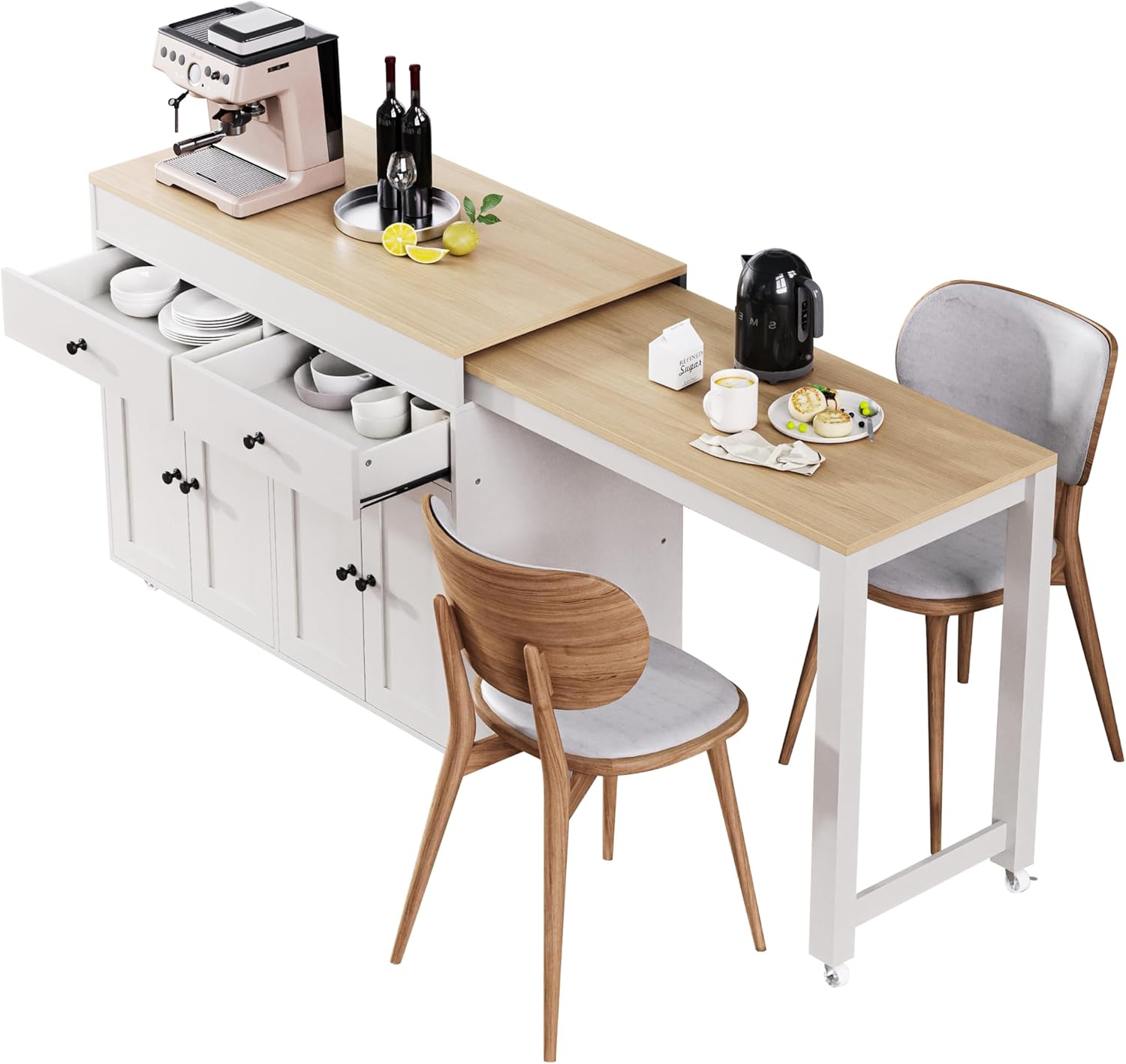Large Kitchen Island with Extendable Dining Table, Rolling Kitchen Island on Wheels with Spice Rack, 2 Drawers & 4 Door Cabinet for Dining Room (Off White)