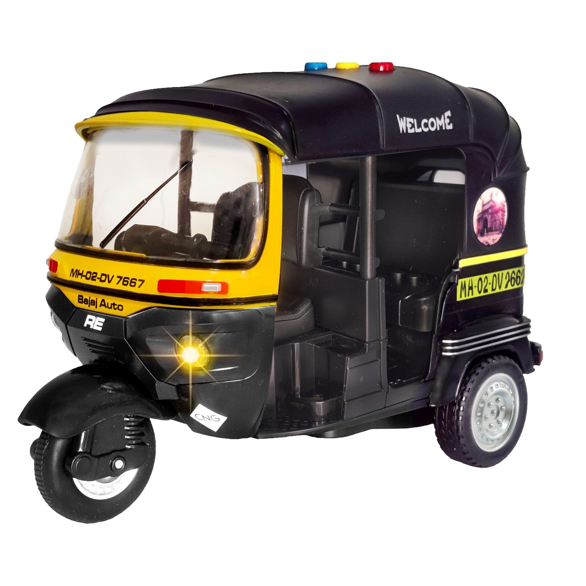 FunBlast Pull Back Action Bump & Go Auto Rickshaw Toy with Sound & Flashing Light for Kids (Black)