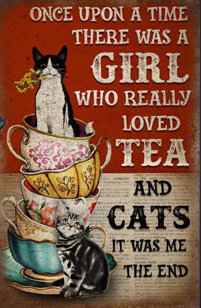Tin Sign Cat Teacup Vintage Retro Collectible tin Sign Wall Decoration Poster Home bar Restaurant Garage Cafe Art Metal Sign Gift 12x8 Inch