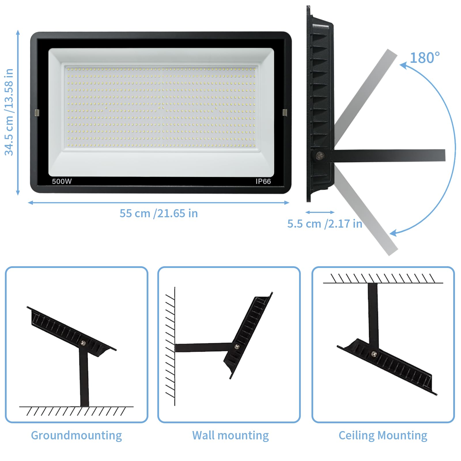 500W Proyector LED Exterior IP66 Impermeable Focos Led Exterior 50000LM Potente Luces Led Exterior IP66 Impermeable Seguridad LED Floodlight Exterior para Terraza, Jardín, Patio, Parque, Garaje