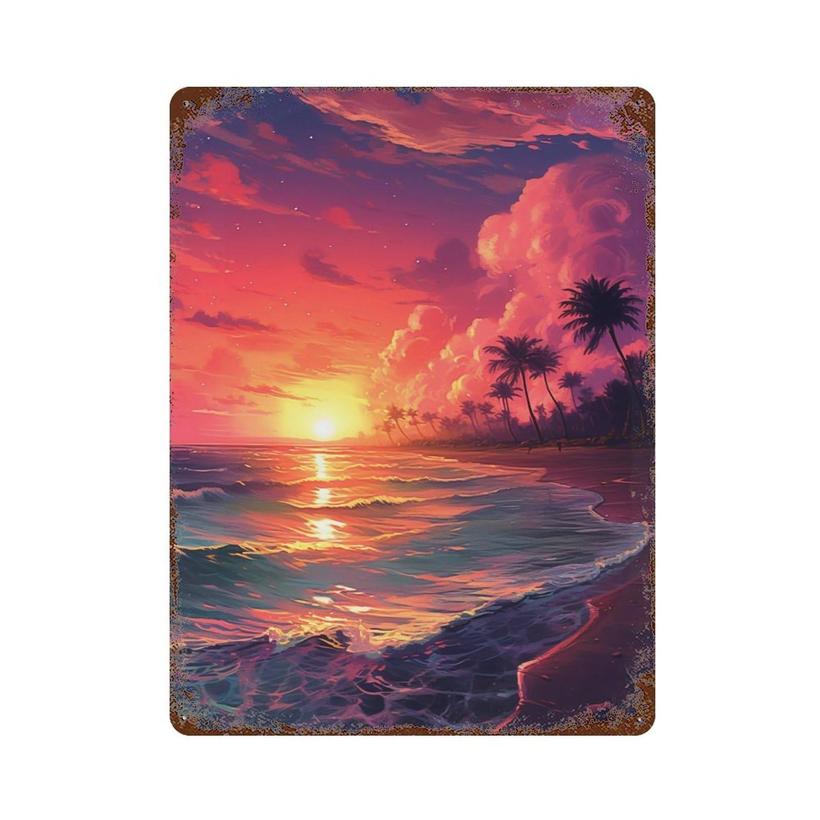 Garage Style Beach Sunset Palm Trees Vintage Rust Metal Sign 15.7"x11.8", Rustic Home Decor for Bar And Workshop