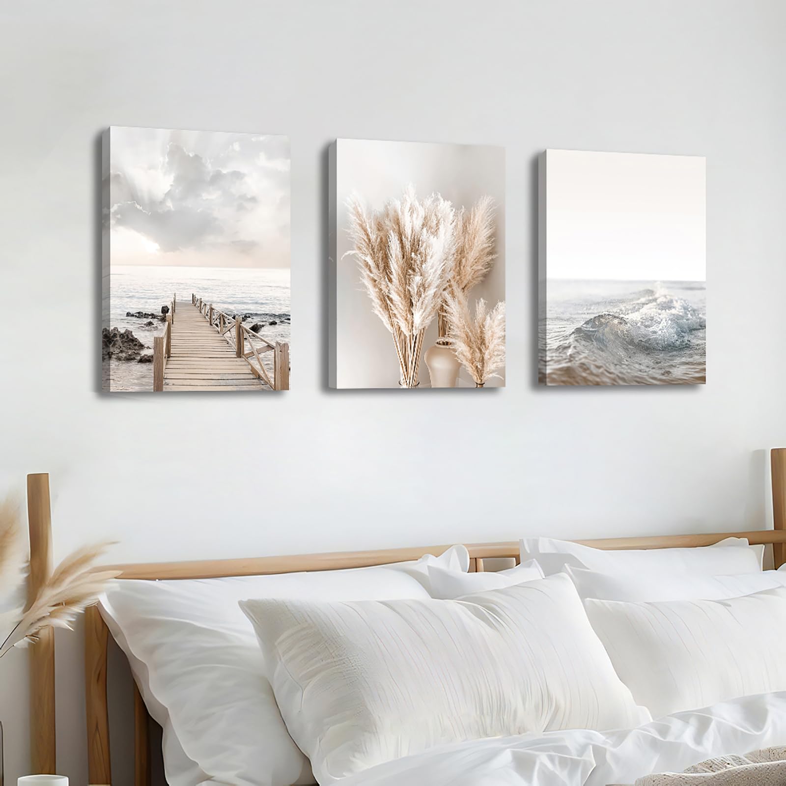3 Pcs Wooden Framed Canvas Wall Art Set Bohemian Sage Green Canvas Prints Poster Geometric Line Beige Green Pictures for Living Room Bedroom Dinning Room Hallway Stairs Wall Decor 30x40cm x3pcs — view 35