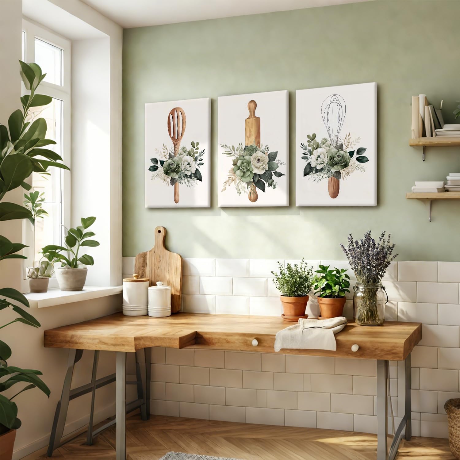 Doqueodas 3pcs Sage Green Plant and Flower Kitchen Canvas Framed Wall Art, Farmhouse Countryside Cooking Utensils Painting Picture Print Poster Can Be Hanged Directly Restaurant Wall Decor 12x16 inch