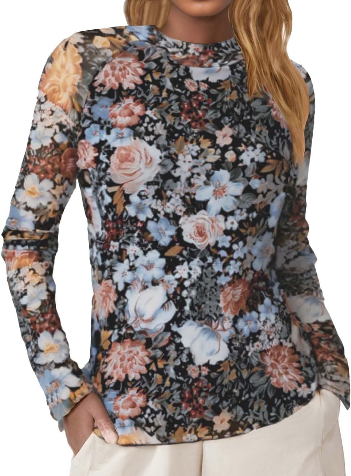Women's Mesh T-Shirt Sexy Transparent Mesh Top Sheer Transparent Tops for Party Boho Clothing Clubwear Long Sleeve Shirt Stand-Up Collar Bodycon Y2K Top Slim Fit Tulle Shirt