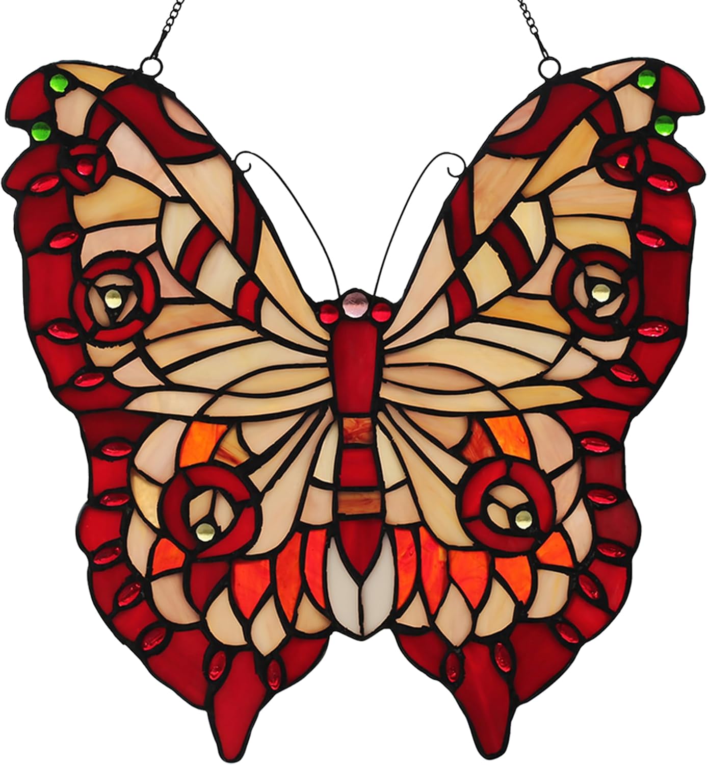 YOURANJU Butterfly Stained Glass Window Hanging Tiffany Style Handmade 12" Red Window Panel for Living Room Bedroom Kitchen Window Decoration Hangings with Chain