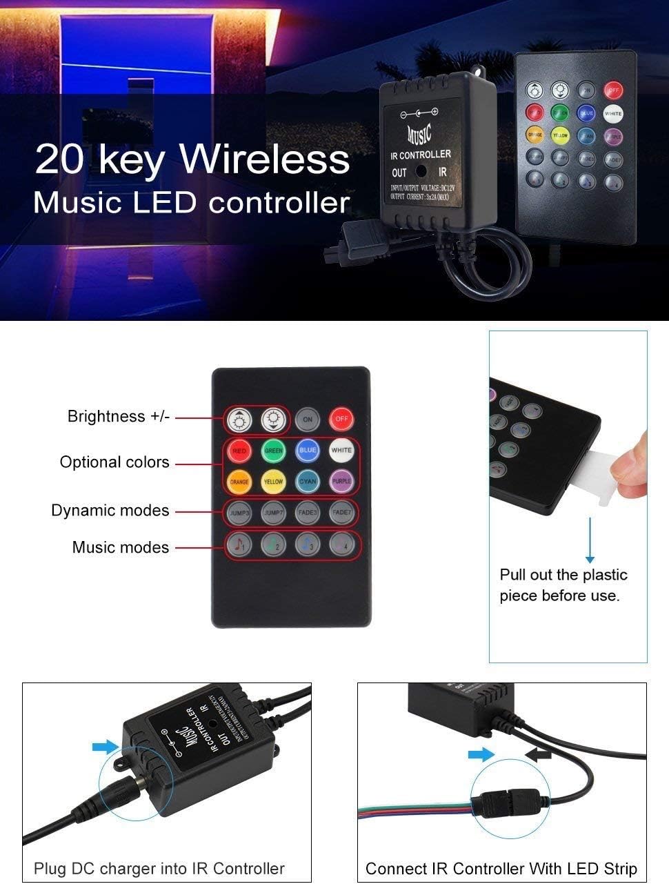 LED Strip Lights Controller, 5050 3528 RGB Music Controller, 20 Keys IR Remote Sound Sensor Controller