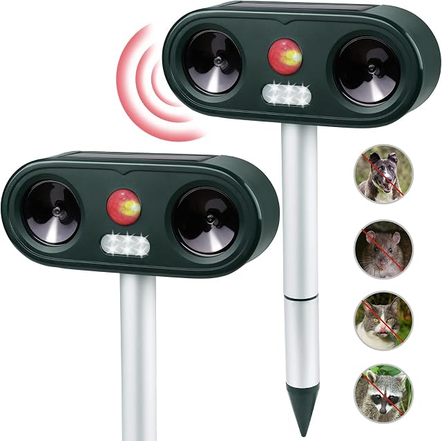 Cat Repellent Garden 2PC, 5 Modes Adjustable, Cat Repellant Ultrasonic for Cat, Bird - Solar USB Powered