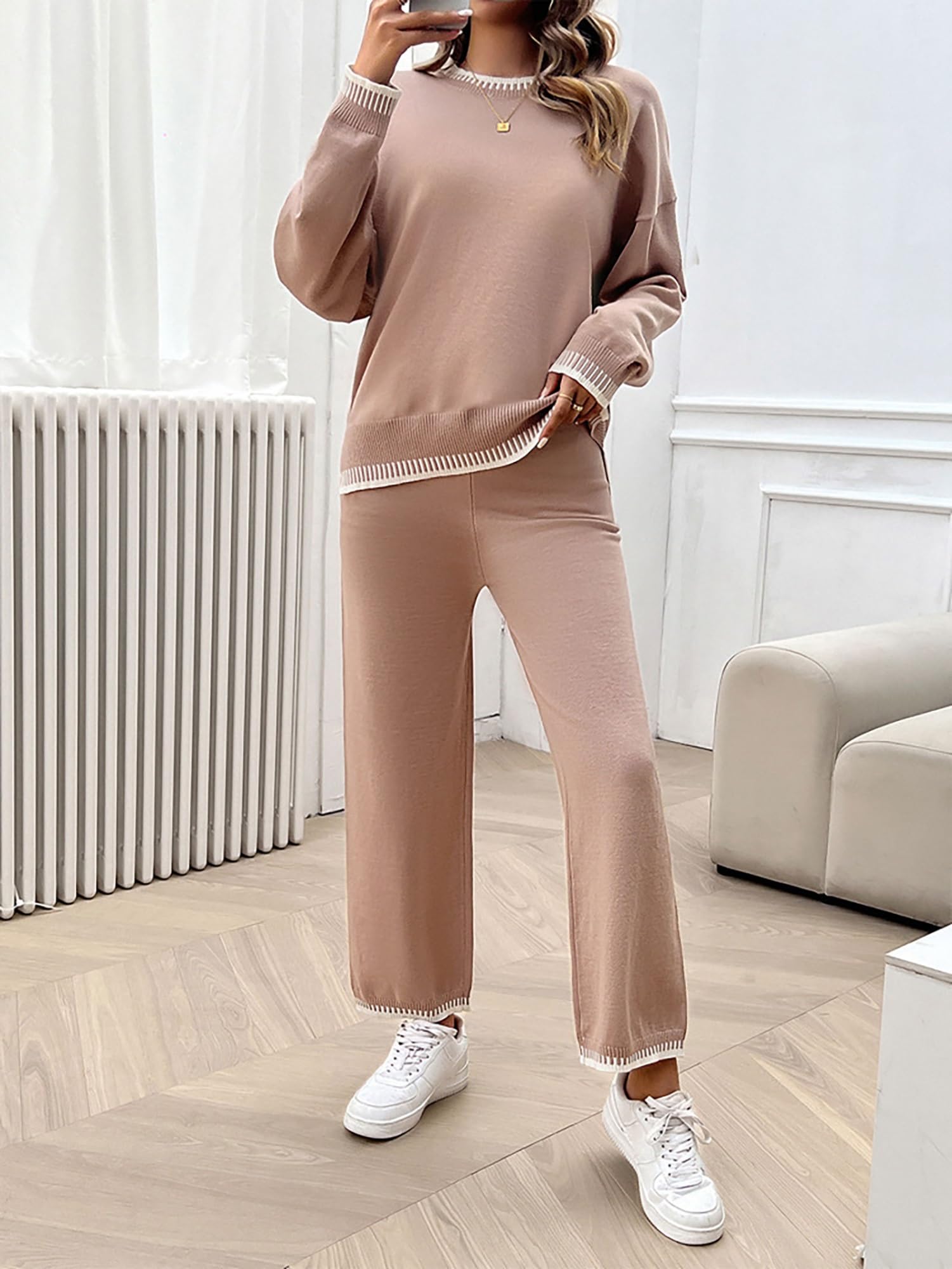 Conjunto Mujer Conjuntos De 2 Piezas Para Mujer Suéter De Manga Larga Top Y Pantalones De Pierna Ancha Conjuntos Deportivos De Punto