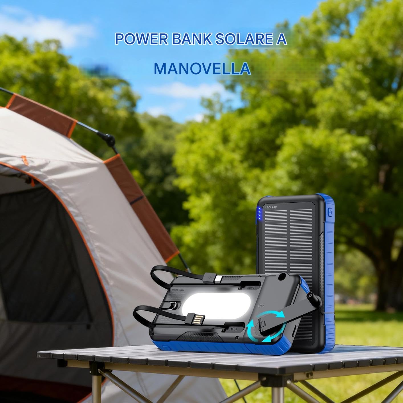 Power Bank Solare Resistente Agli Urti Con Torcia | Power Bank Solare con Manovella Per Tablet, Fotocamera, Smartphone, Campeggio, Viaggio