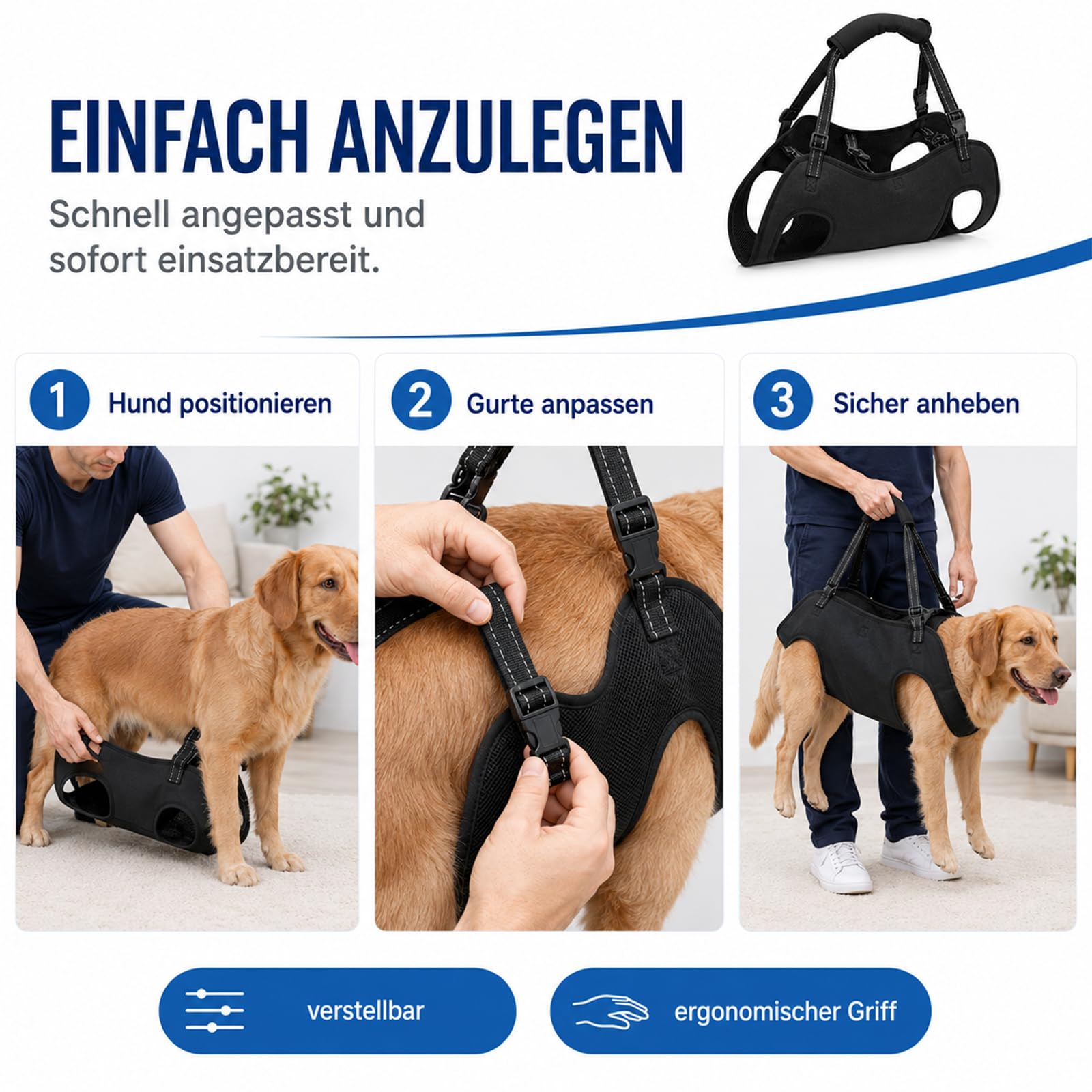 Tragehilfe Hund Groß, Hunde tragehilfe, Tragegeschirr Hund, Arthrose Geschirr Hund, Hundehebegeschirr für Verletzte Oder Ältere, Operation & Gelenkprobleme, Verstellbar & Gepolstert (L)