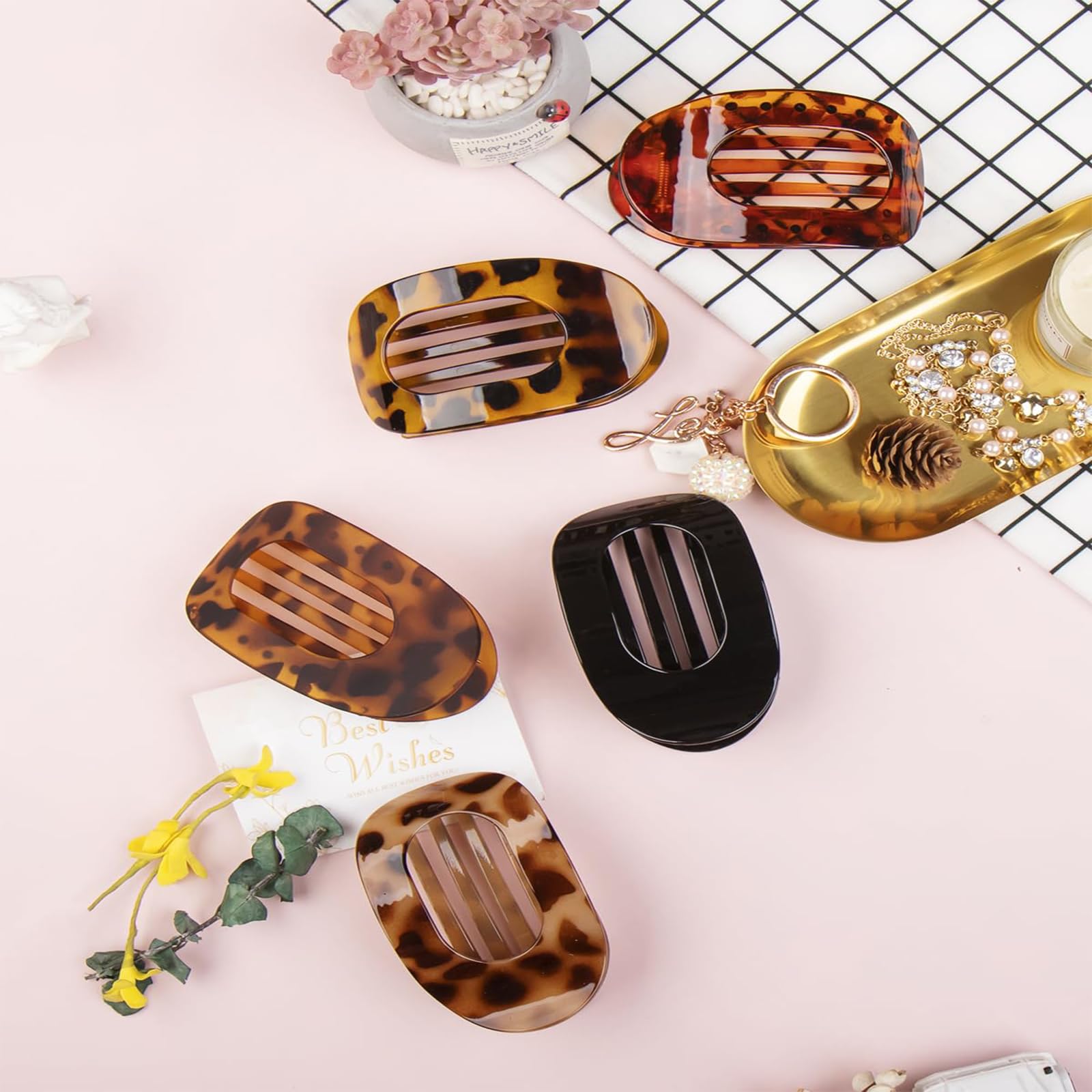 5PCS Flat Claw Clip, Flat Hair Clips for Women Fine Hair Leopard Print Oval - Image 3