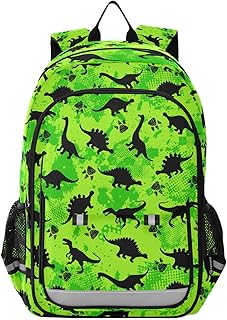 JHKKU Dinosaurs Green School Backpack for Boys Girls Portable Wide Shoulder Strap Elementary School Bag Lightweight Travel Daypack with Reflective Strip