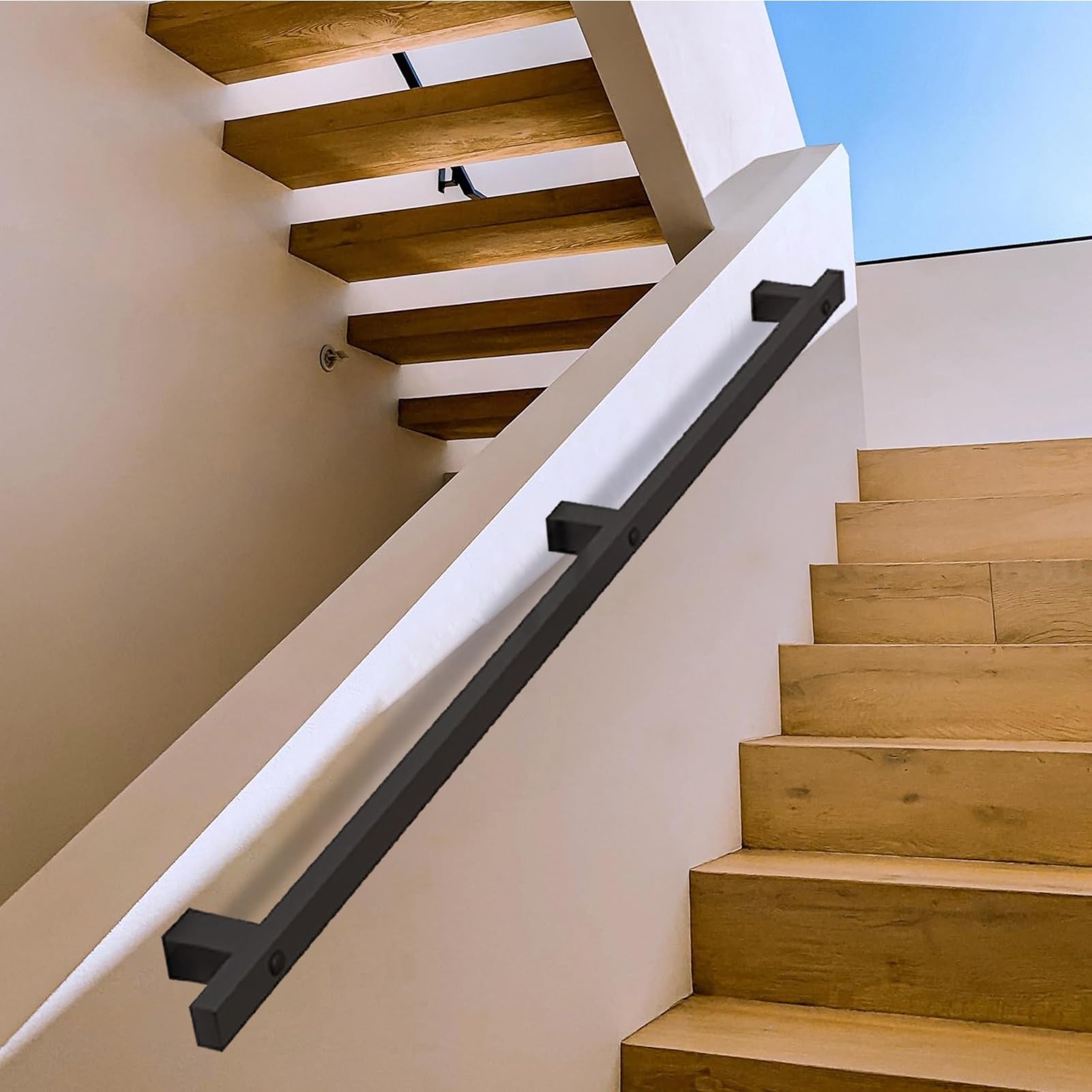 Rampe d'escalier noire de 330 cm avec support mural de sécurité