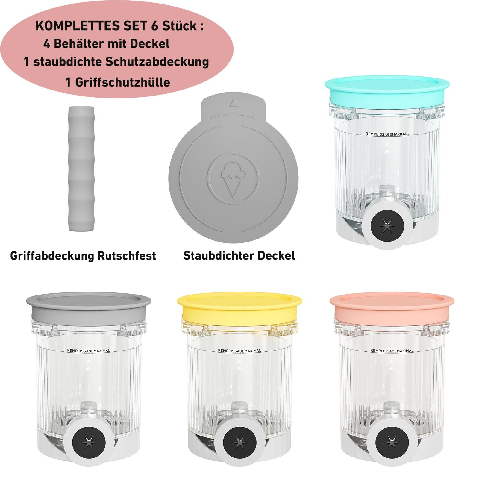 Lot de 4 récipients avec couvercle pour Ninja Swirl NC700 NC701 - 480 ml - Pour crème glacée Ninja Creami Swirl NC700EU NC701EU - Antidérapant + couvercle anti-poussière