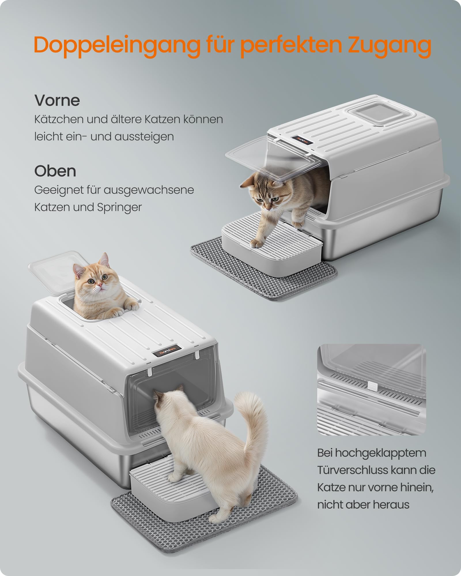 Feandrea Katzenklo Edelstahl, Katzentoilette mit Deckel, mit Schaufel, Katzenstreumatte und 2 Eingängen, für Katzen bis 15 kg, hellgrau PPT007GD01