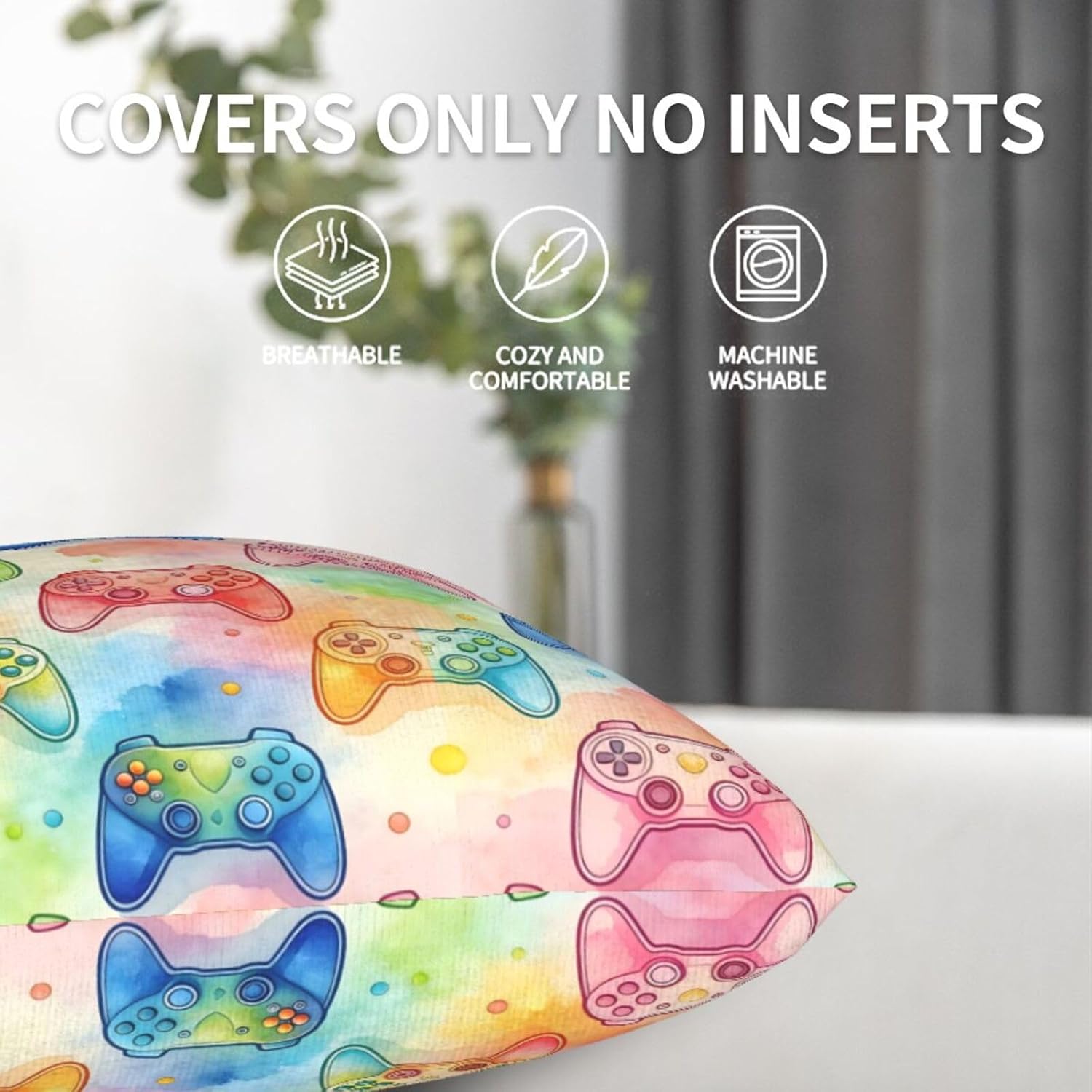 Rainbow Game Joysticks Throw Pillow Covers Set of 2 Gamer Gaming Theme Decorative Pillowcases Soft Pillow Case Cushion Cover for Living Room Bedroom Sofa Couch, 18"X18" image 5