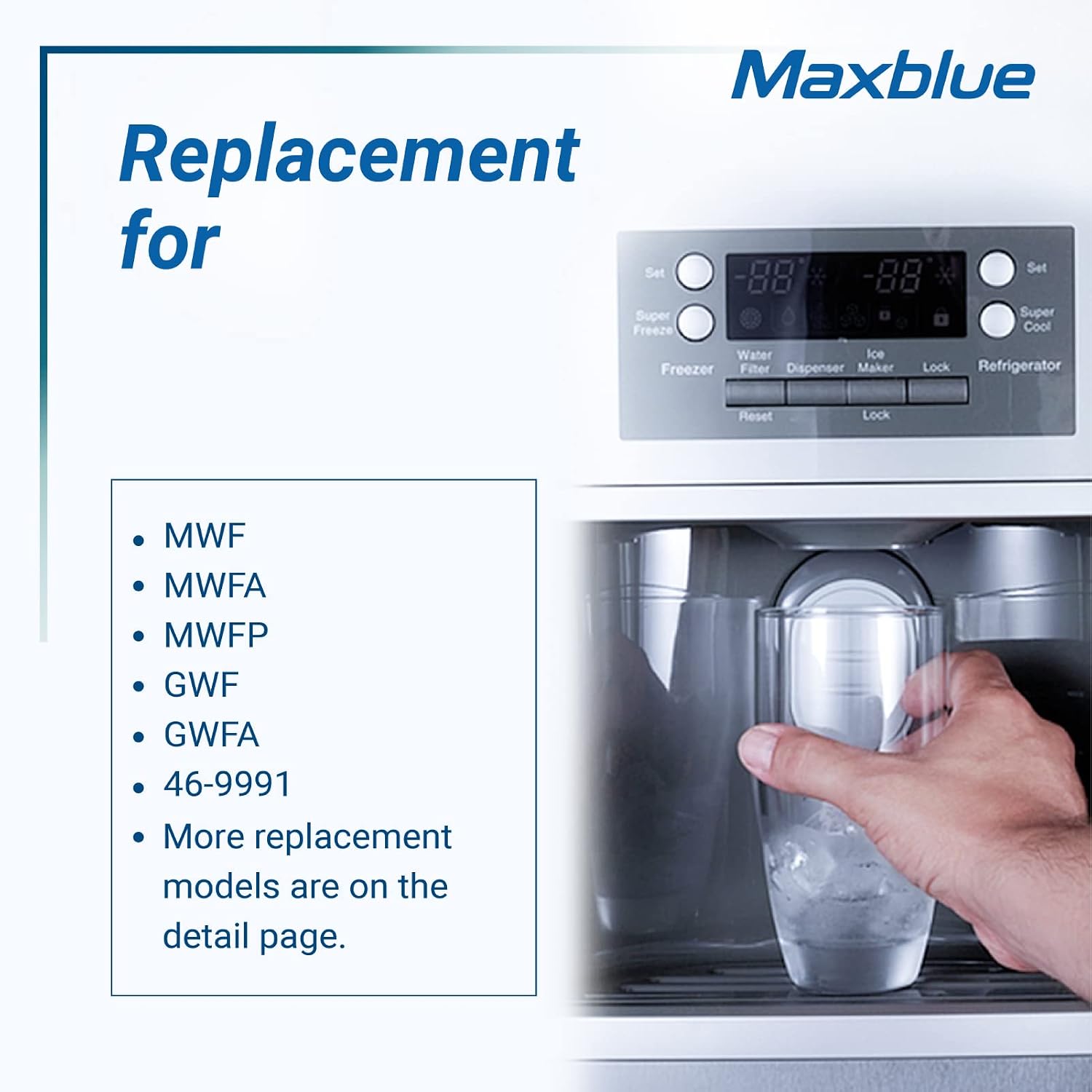Maxblue MWF NSF Certified Refrigerator Water Filter, Replacement for GE® MWF, MWFINT, Kenmore 46-9991, Smart Water, MWFP, MWFA, GWF, HDX FMG-1, WFC1201, PC75009, 3 Filters