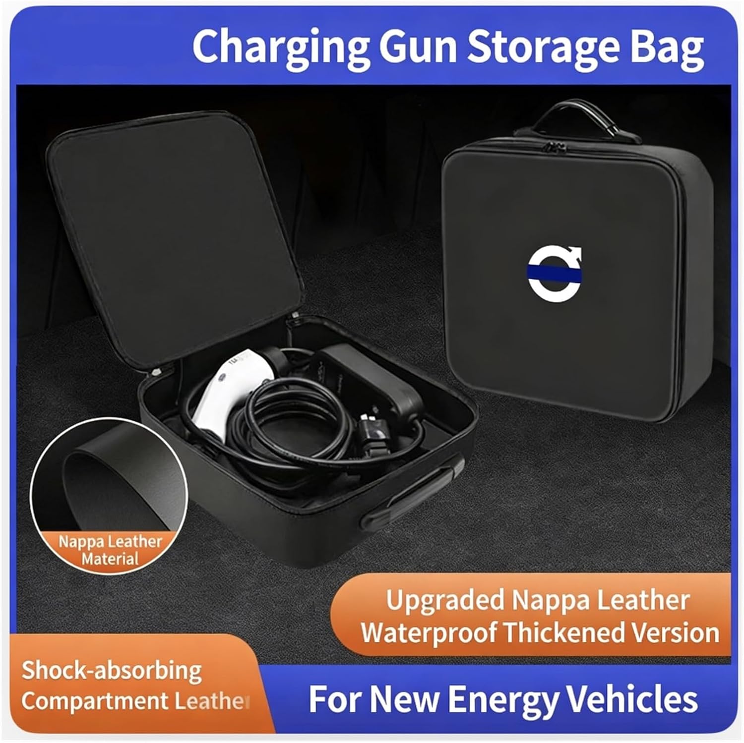 Charging Cable Organizer Bag, Compatible for Volvo EX30 2023-2025, Waterproof EV Charger Storage Case with Tool Compartment, Large Capacity Jumper Cable Holder, Durable Black