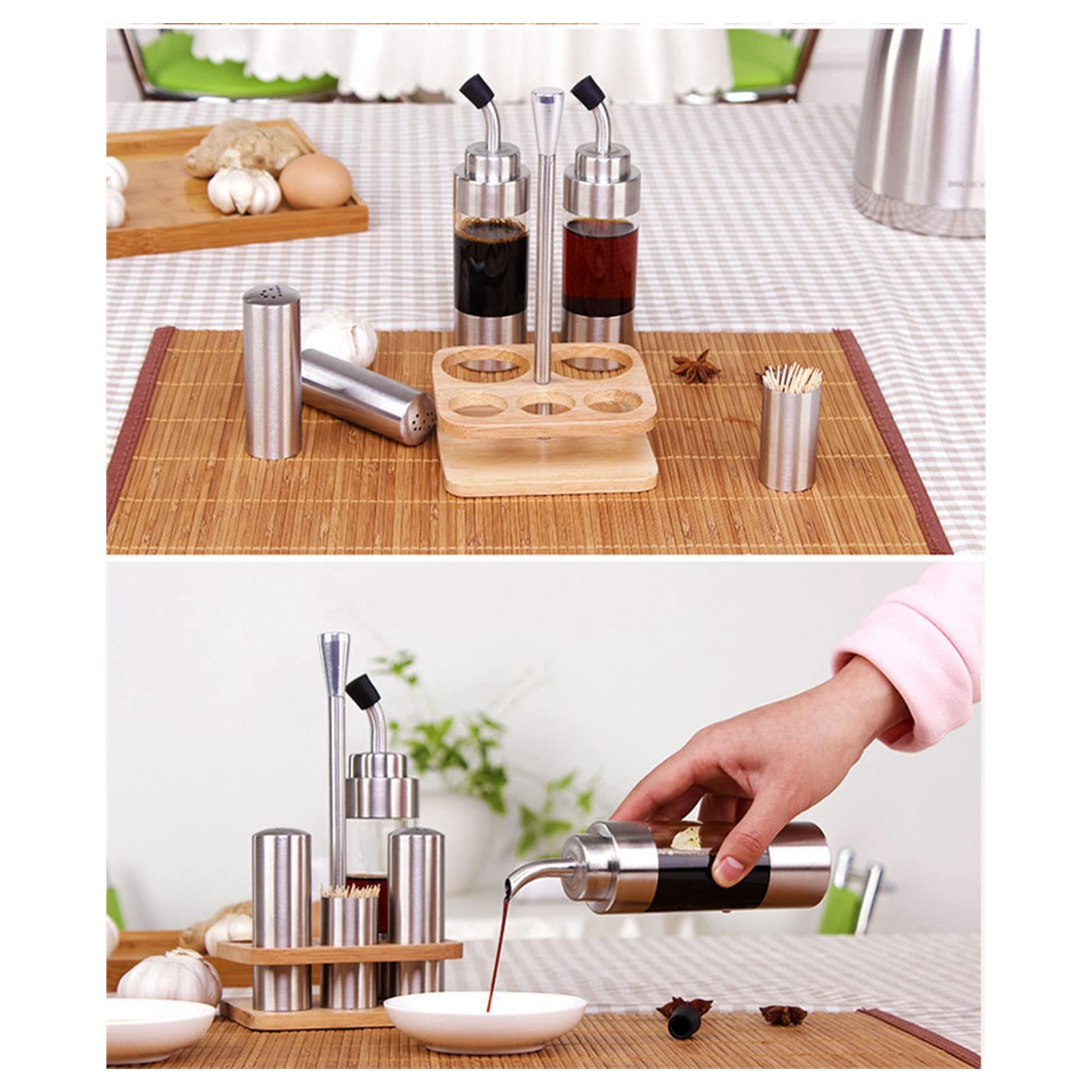 Set Dosificador de Aceite Y Vinagre, Juego de Vinagrera de Acero Inoxidable Y Vidrio de 6 Piezas que Incluye Botella de Vinagrera de Aceite, Salero Y Pimentero Y Estante de Madera para Cocina, Mesa