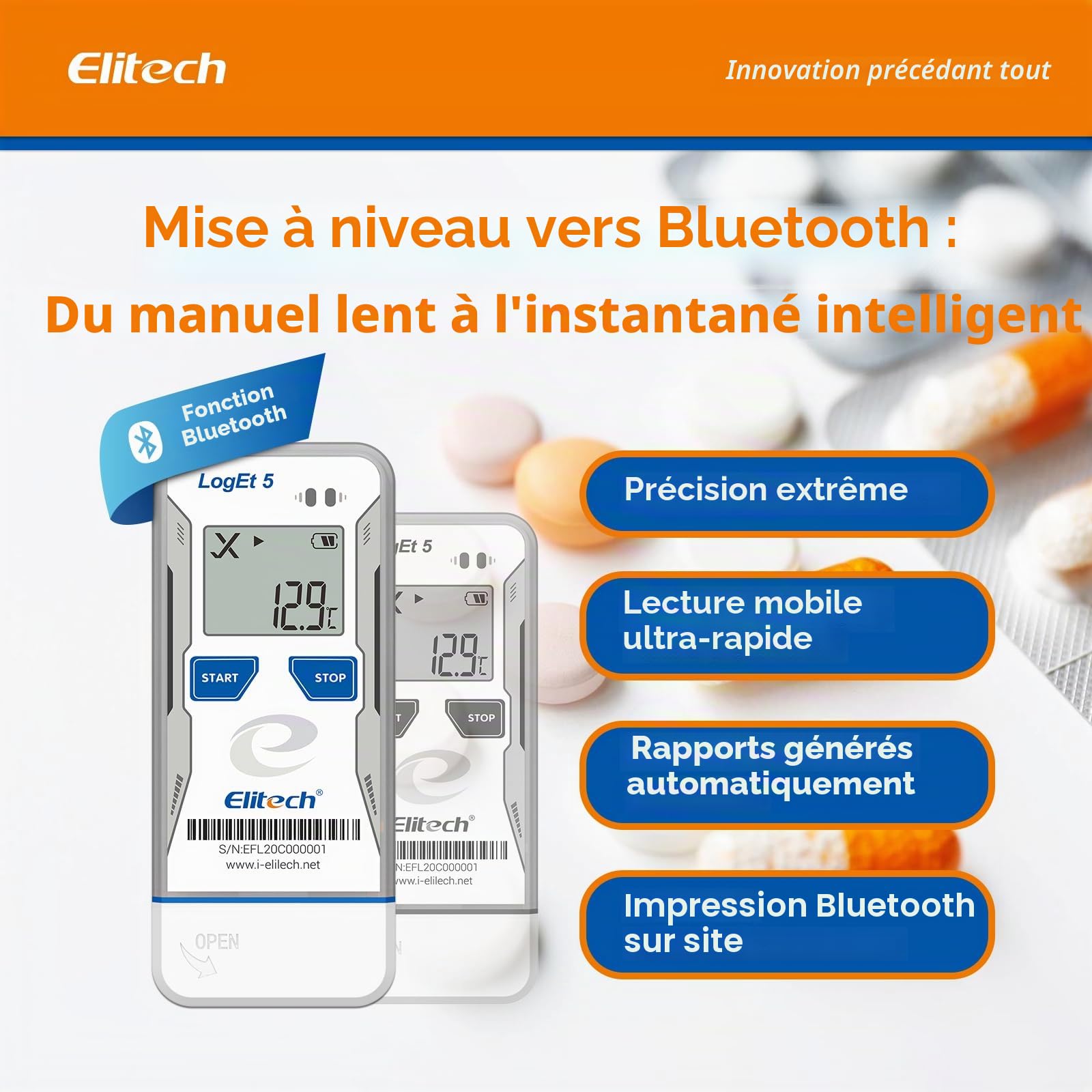 Elitech Enregistreur de Température et d'Humidité USB Bluetooth, Réutilisable avec Données pré-enregistrement, Rapports PDF CSV Automatiques, Thermomètre de Réfrigérateur 32 000 Points LogEt5BTH