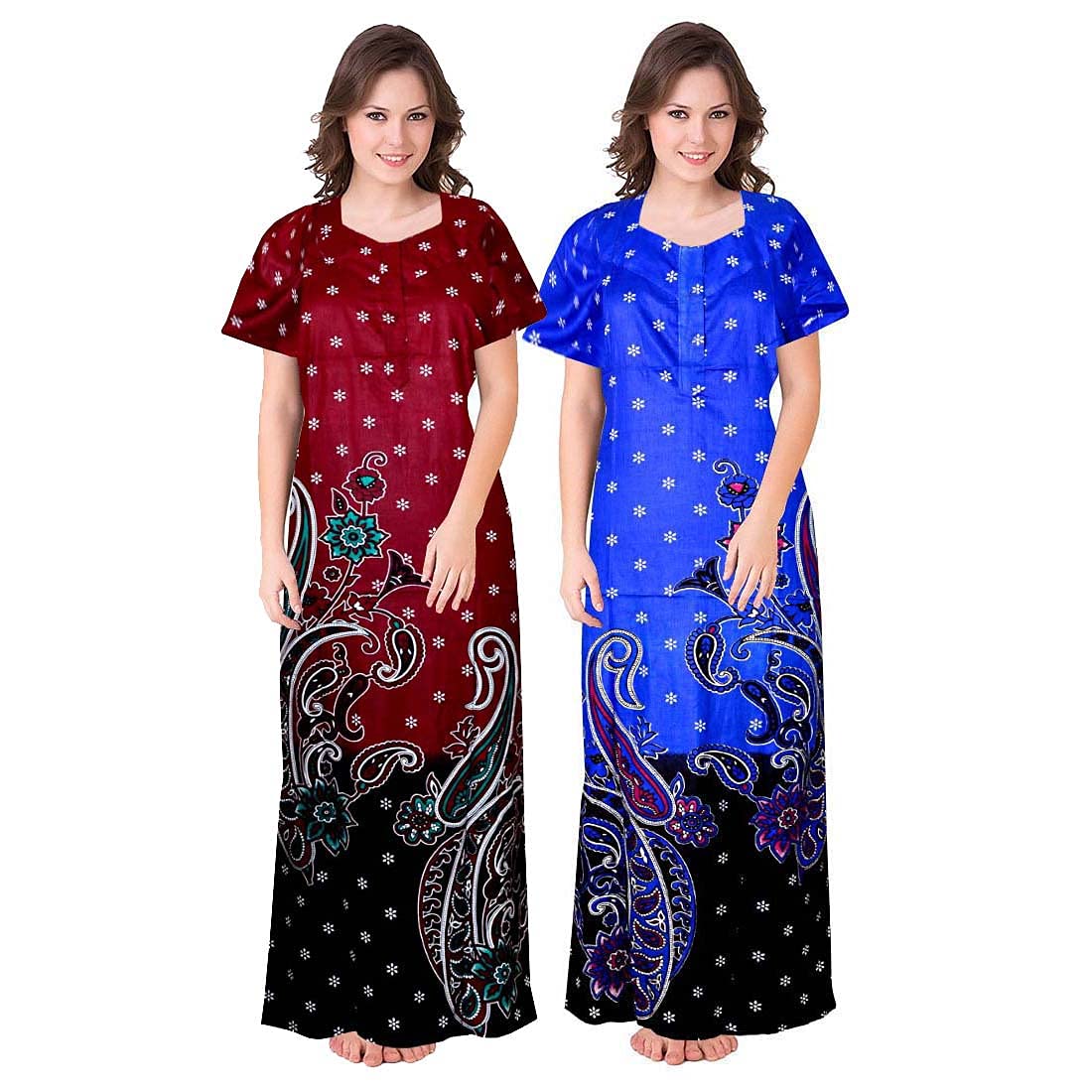 PVRWomen's Cotton Block Print Maxi Nighty (Pack of 2)
