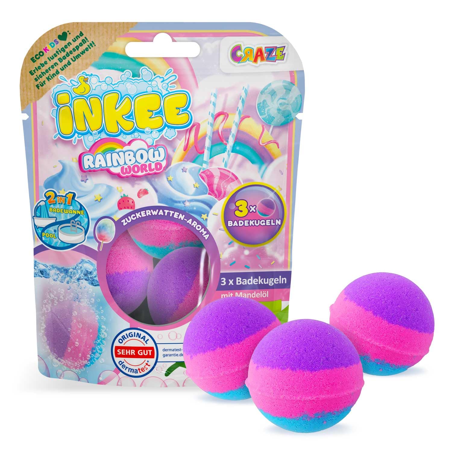 INKEE Pack Color Rainbow World - 3er Pack duftende Kinder Badebomben, 3x Badekugeln Rosa, Lila und Blau - Kinder Badezusatz mit Zuckerwatte-Aroma & Arganöl