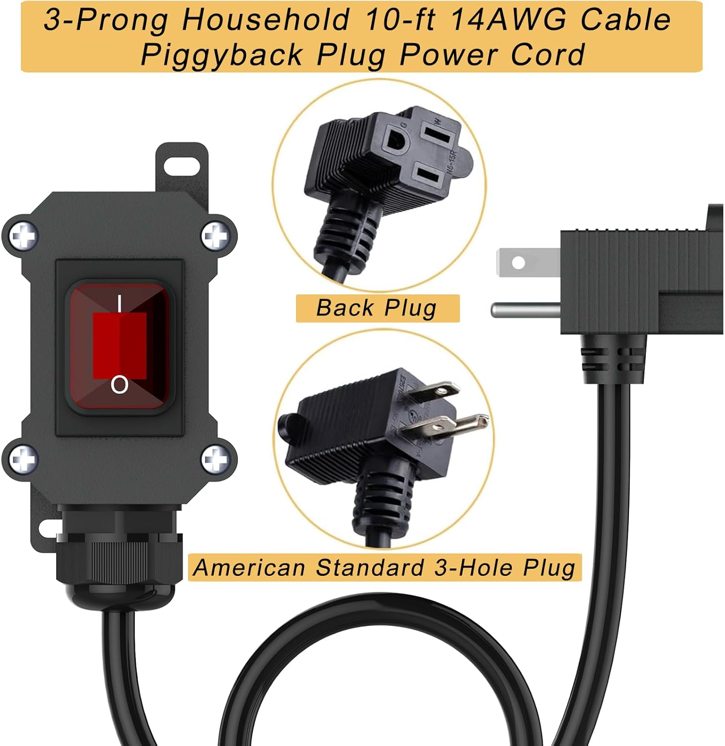 Inline Cord Switch with 10-ft 14AWG Cable Piggyback Plug(3-Pronged), IP67 Waterproof Extension Cord, AC/DC 20A-125V,16A-250V Inline Power Switch with Red LED Rocker Button