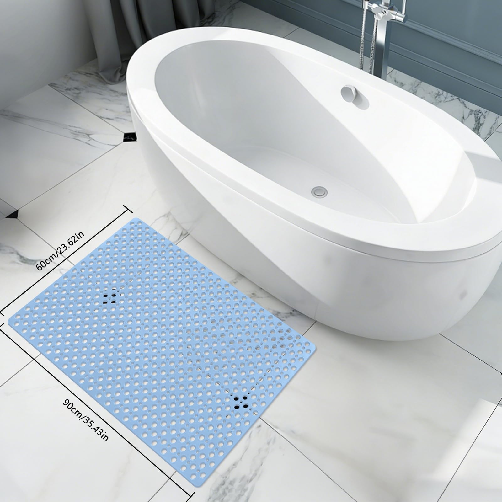 Tapis de douche antidérapant et anti-moisissure 60 x 90 en TPE avec ventouses pour douche et baignoire, lavable en machine avec trous de drainage (bleu pur, rectangulaire, 60 x 90 cm)