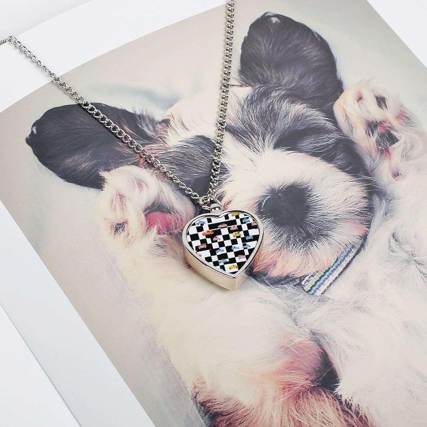 Black And White Checkered Car Pet Urn Necklace Ashes Cremation Pendant | Personalized Jewelry,Gifts for Dog Lovers