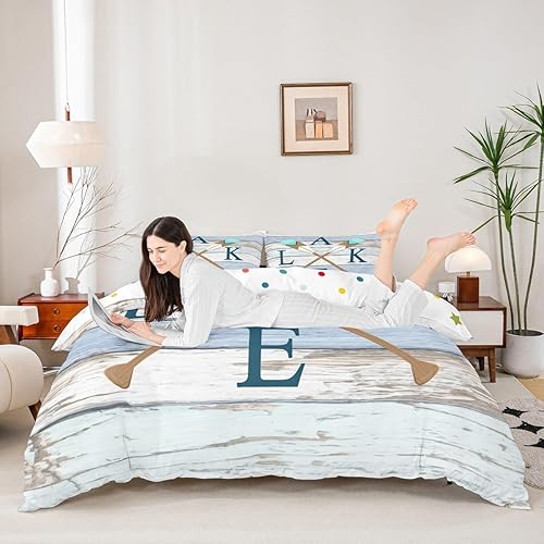 Castle Fairy Juego de funda de edredón a rayas de madera, juego de ropa de cama con estampado de remo para niños, adultos, mujeres, rústico,