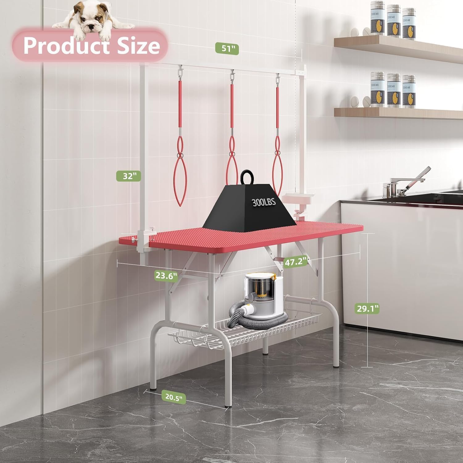 Foldable Dog Grooming Table with Adjustable Overhead Arm, Non-slip Textured Tabletop, Heavy-duty Steel H-frame, Secure Clamps, Removable Mesh Storage Shelf, Side Tool Holder Cup (Pink,47IN)