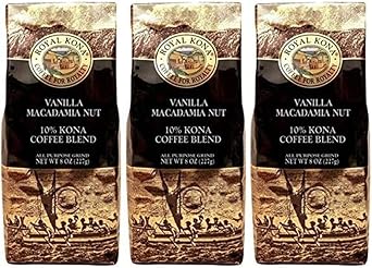 Royal Kona Coffee Vanilla Macadamia Nut Flavor Kona Blend Coffee 8 OZ 227 g x 3 Pack Ground