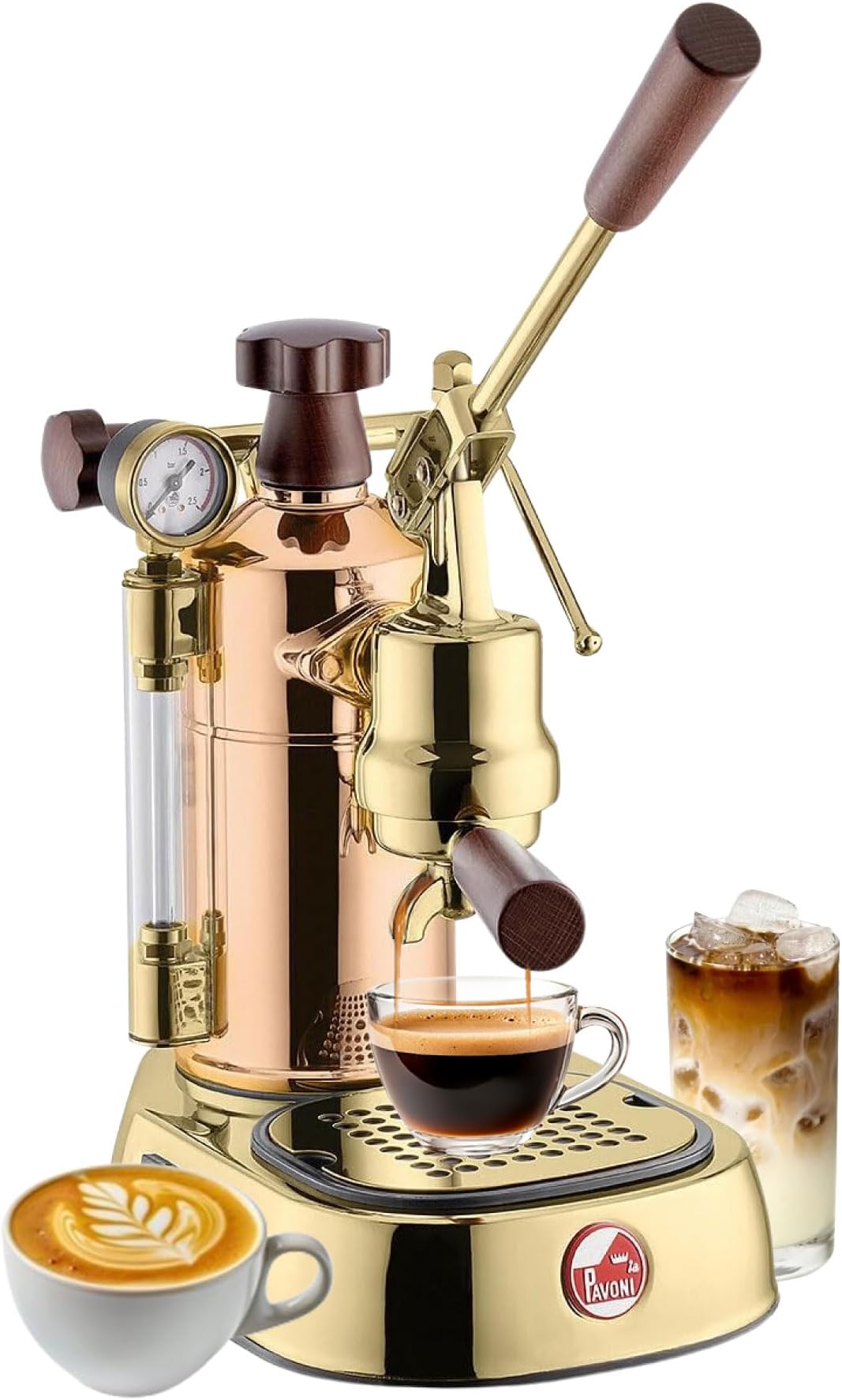 La Pavoni Professional 16-Cup Lever Espresso Machine - Copper and Brass Espresso Maker with Bottomless Portafilter - 38oz Boiler with Pressure Gauge - Manual Lever Operation - Made in Italy
