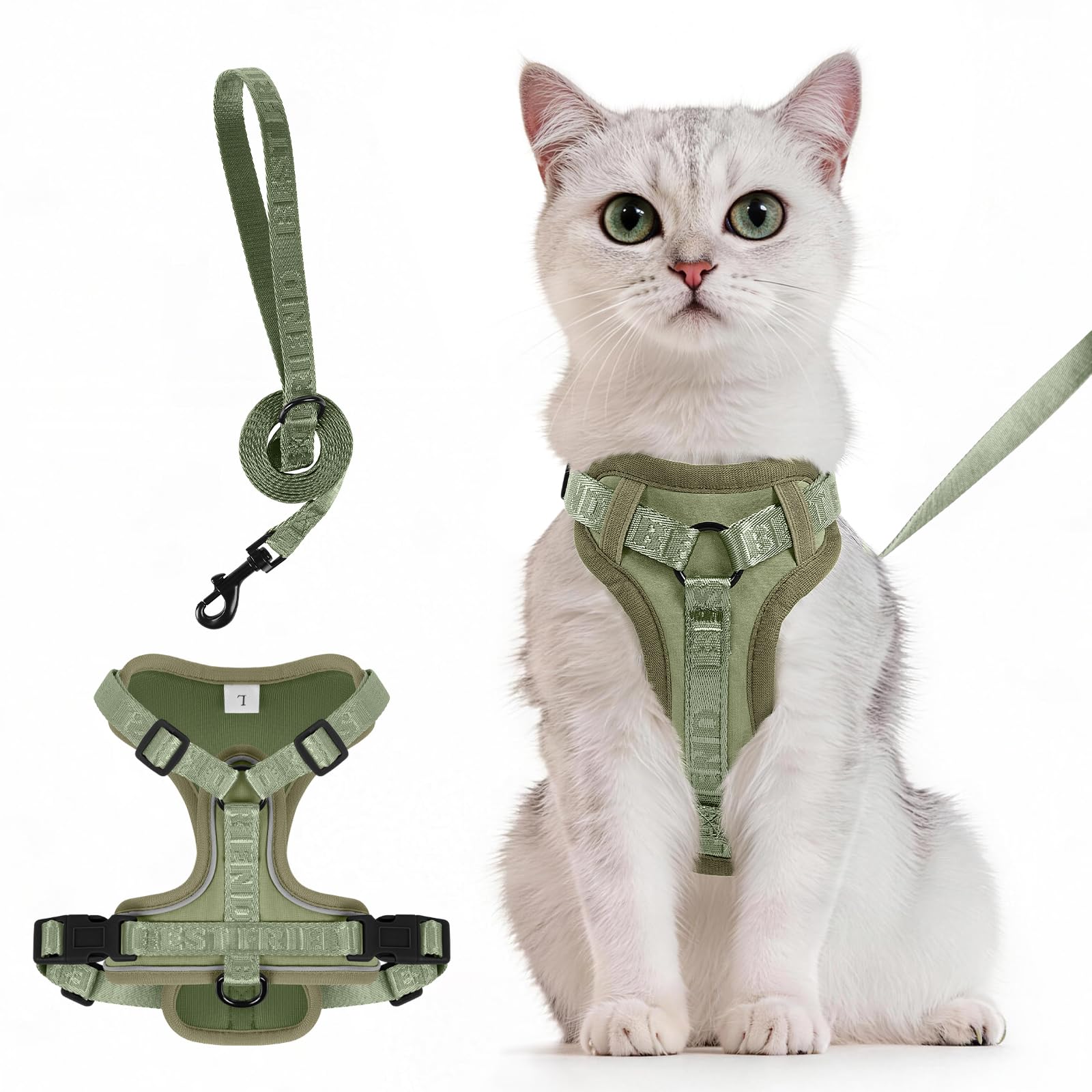 Muecleao Cat Harness and Lead Set, Reflective Adjustable Vest with Elastic Belly, Soft Mesh Breathable Escape Proof Walking Jacket for Cats (Army Green, L)