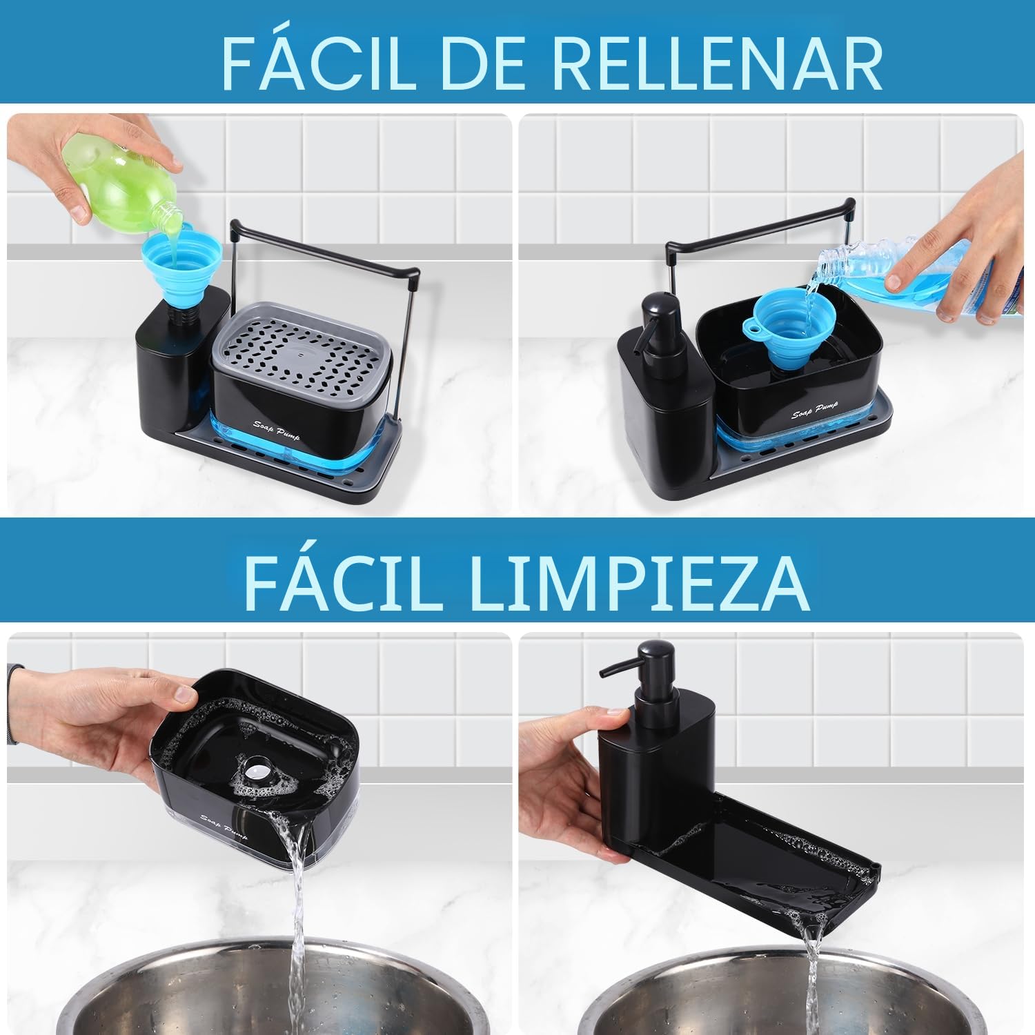 Yulado Jabonera Cocina Negro, Organizador de Fregadero Negro con Bandeja y Soporte para Esponja, detergente Recargable，Dispensadores de Bomba de jabón y Porta esponjas…