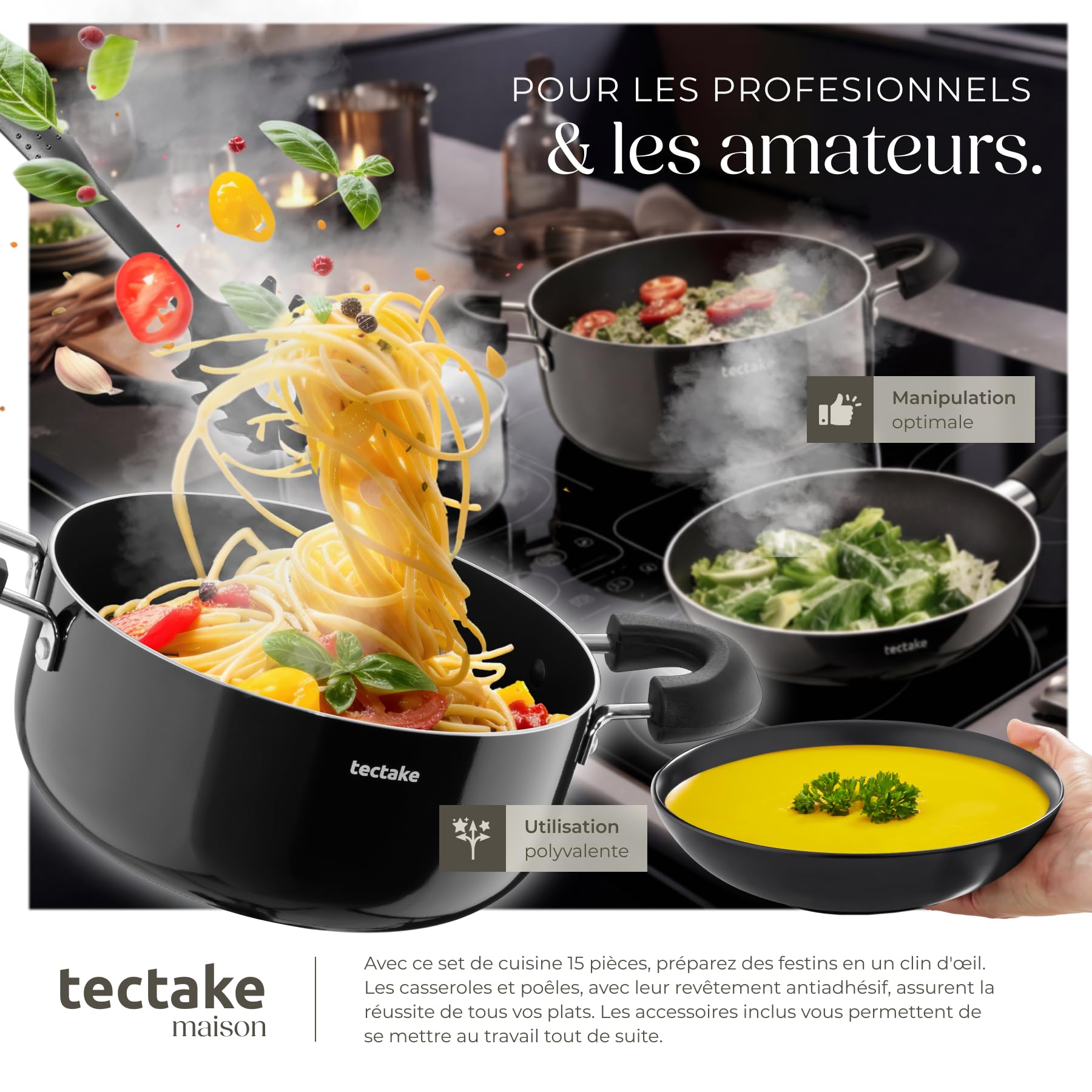 tectake® Set de cuisine 45 pièces, Service de table 6 personnes et Batterie de cuisine, Poêles, Casseroles, Assiettes plates, Assiettes creuses, Bols, Tasses, Louche, Spatule, Vaisselle en grès