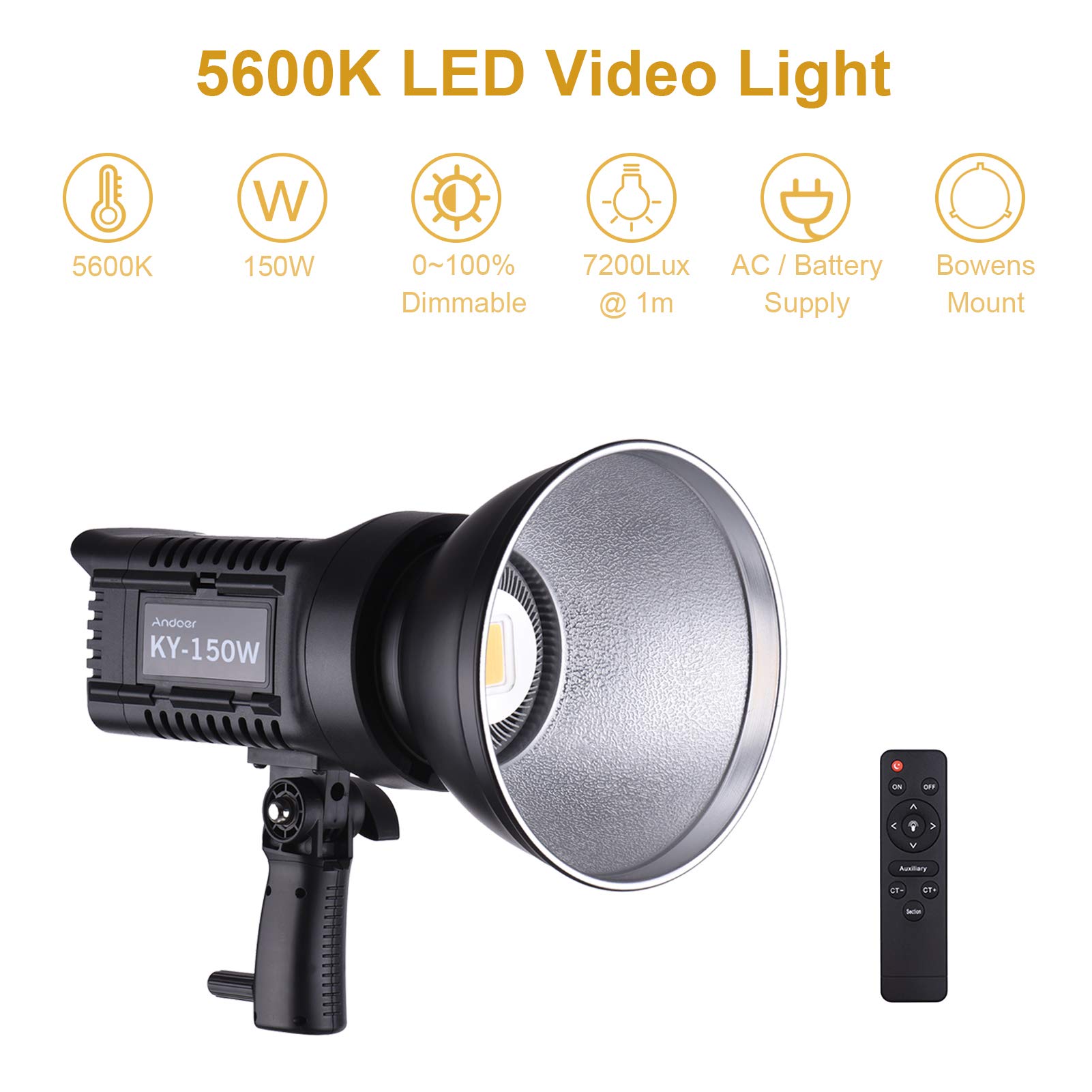 Andoer Luce Video Light da Studio Portrabile150 W Luminoso Daylight 5600 K CRI93+TCLI95+16000LM Luminosità Dimmable Bowens Montaggio Carico USB con Telecomando Adattatore AC