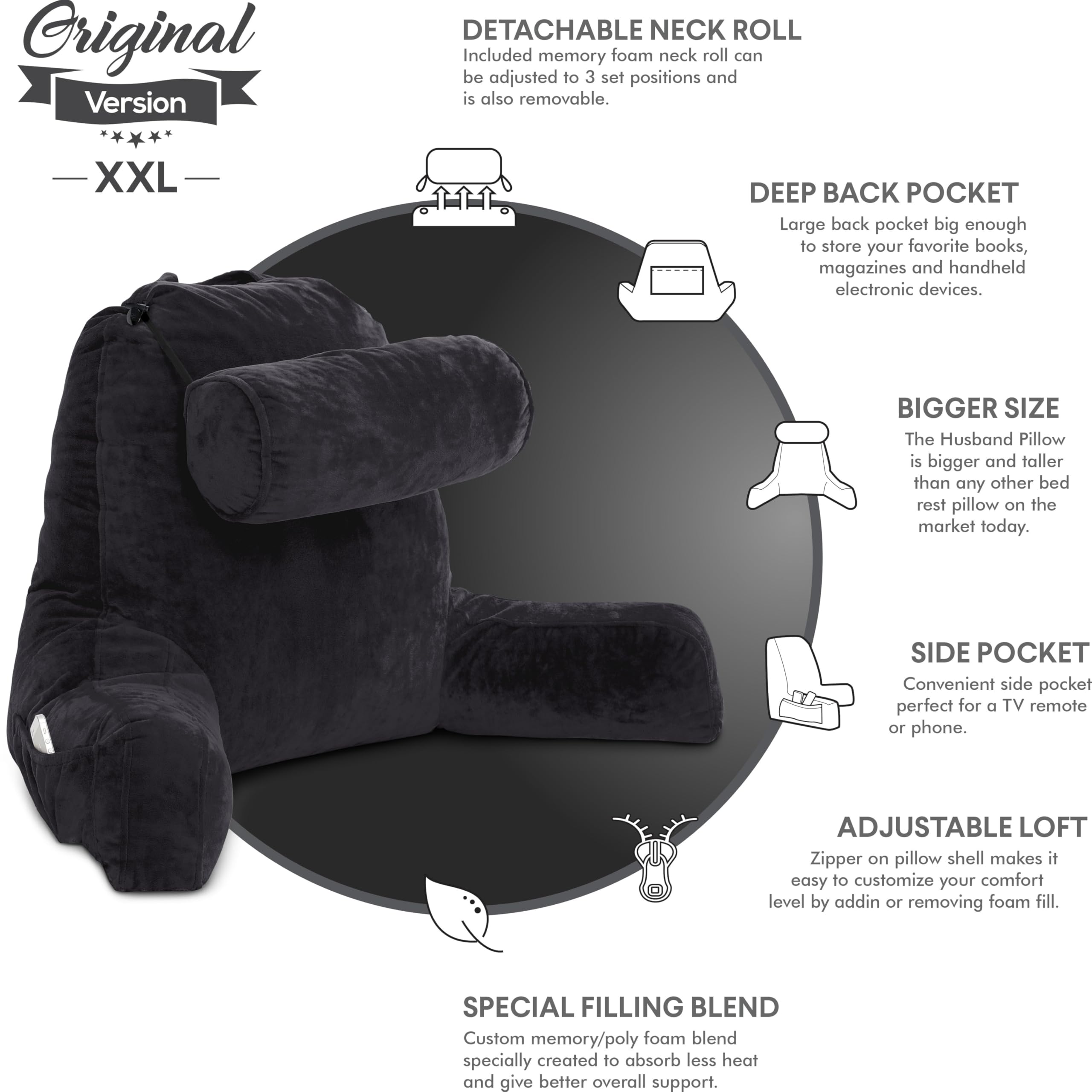 Husband Pillow XXL - Reading Pillow Bed Chair with Arms & Back Support - Black - Back Pillow for Bed Sitting Up - BedRest Arm Pillow - Comfy Reading Pillow for Adults