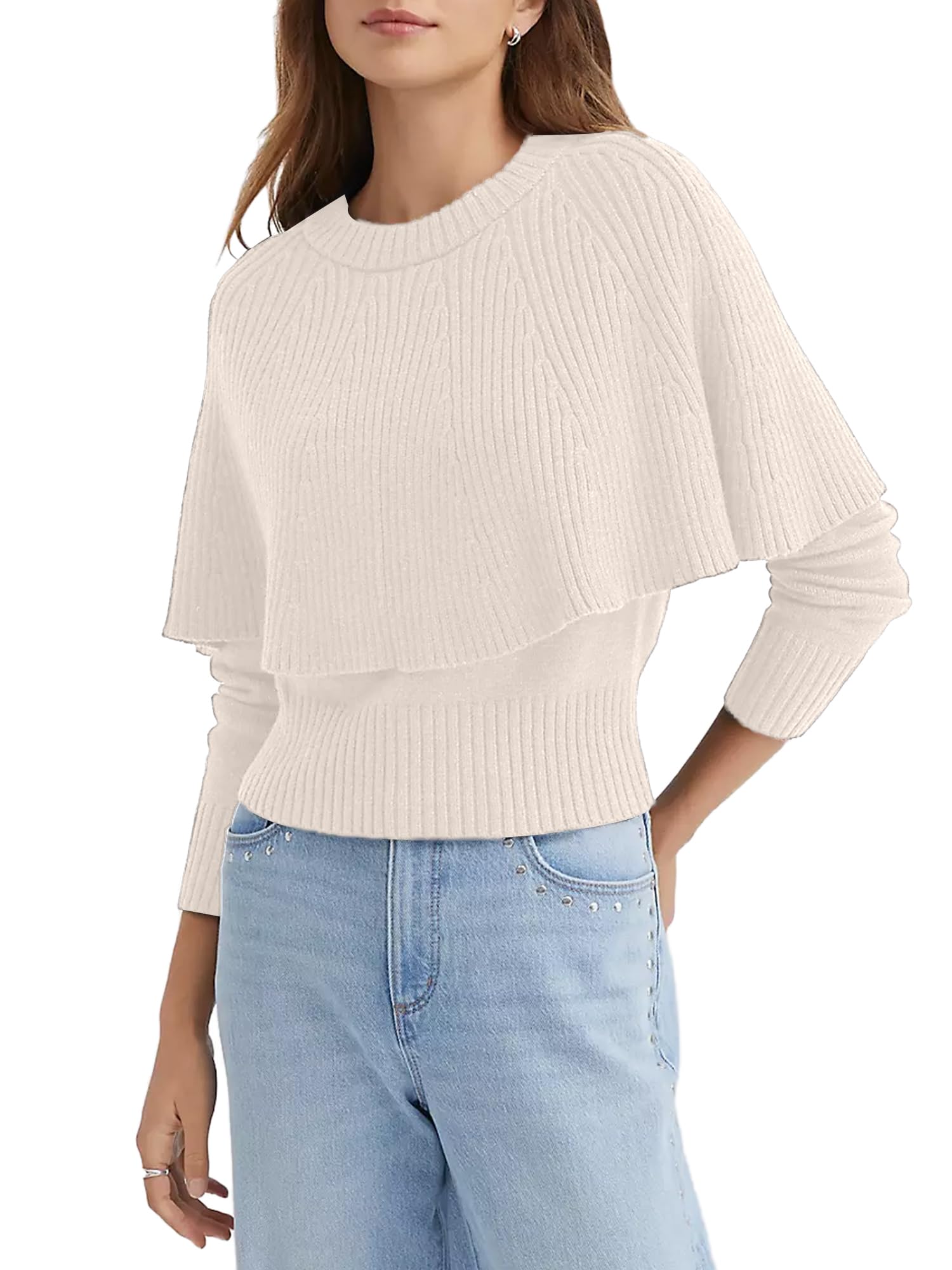 Womens Crew Neck Cloak Sweater Pullovers Fall Long Sleeve Ribbed Knitted Tops Going Out Wear