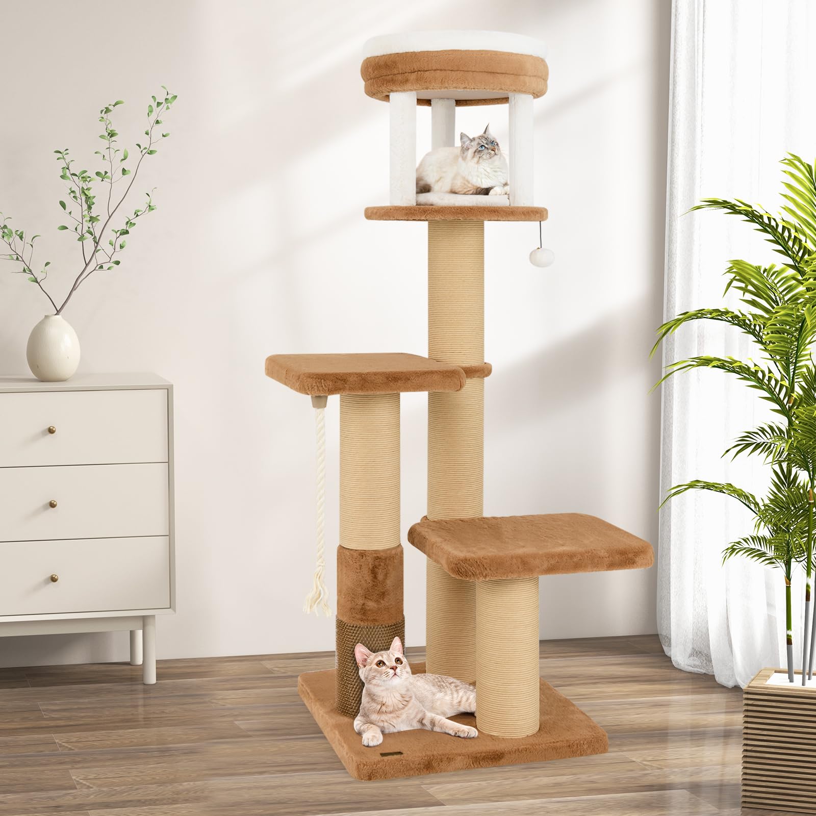 COSTWAY Tiragraffi per Gatto Alto 165 cm, Albero Tiragraffi Gatto con 4 Piattaforme, 4 Pali Sisal, Spazzola, Corda e Palla Pompon, Torre Tiragraffi per Gatti Imbottito Rimovibile, Caramello