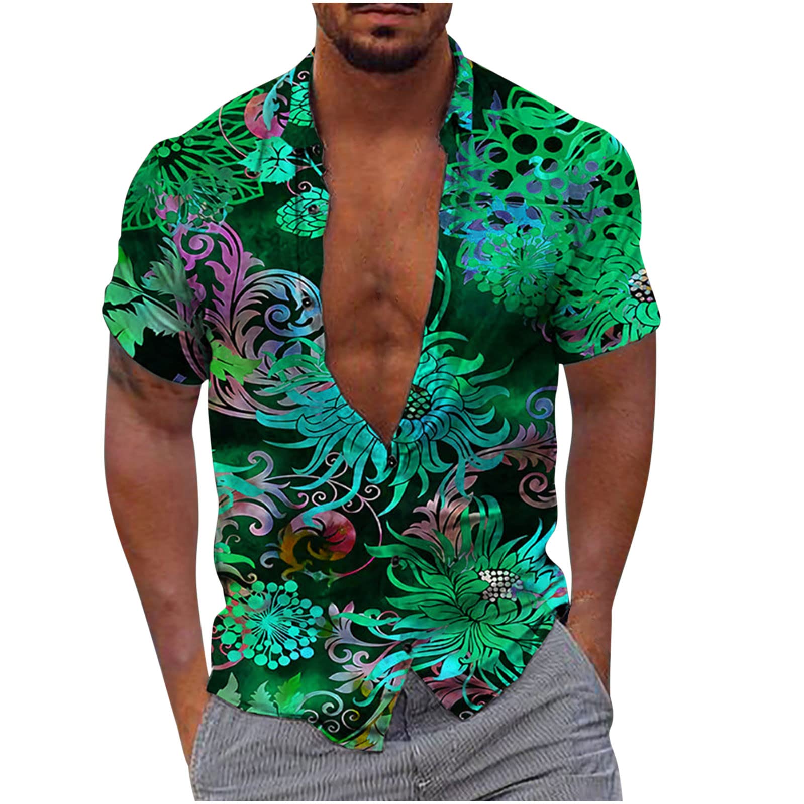 Mens Hawaiian Shirts Summer Short Sleeve Regular Fit Button Down Shirt UK Sale Clearance Casual Stretch Blouse Tops Graphic Coconut Tree Printed Beach Shirt Holiday Casual Funky Tactical Shirts