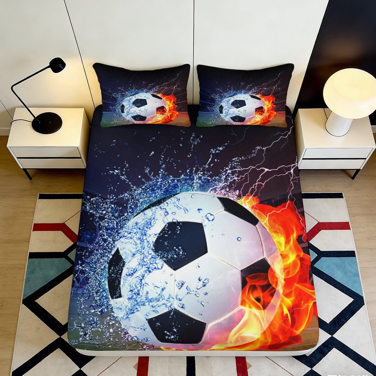 3D Printed Fire Soccer Fitted Sheet Microfiber Water Splash Bed Cover Anti-Slip Easy Care for Bedroom Guest Room 90x200x25cm
